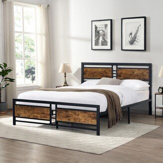 DECO Full Size Metal Platform Bed Frame with Wood Headboard and Footboard, Mattress Foundation with Slat Support