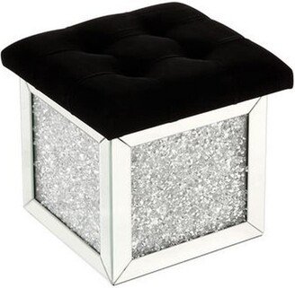 Mirrored Ottoman with Tufted Seat and Faux Diamonds, Silver