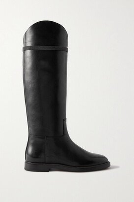 Bead-embellished Leather Knee Boots - Black-AA