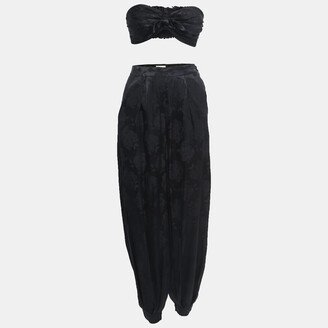 Black Rose Patterned Silk Blend Crop Top Pant Set S