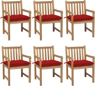 Patio Chairs 6 pcs with Red Cushions Solid Teak Wood - 22.8'' x 23.6'' x 35.4''