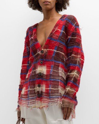 Mohair Plaid Cardigan with Mesh Inset Details