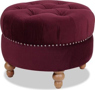 La Rosa Victorian Tufted Round Ottoman, Burgundy Velvet