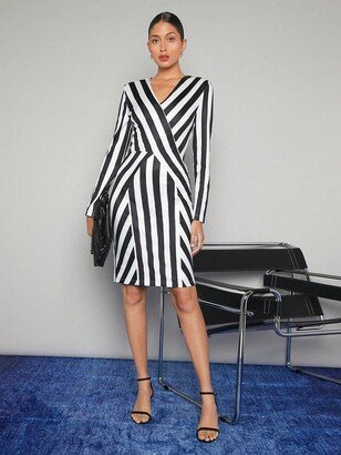 KRANX Striped Print Surplice Neck Dress (Color : Black and White