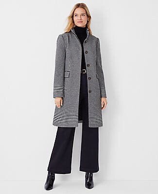 Petite Houndstooth Wool Blend Tailored Funnel Neck Coat