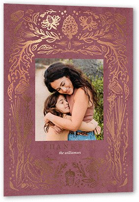 Thanksgiving Cards: Gorgeous Fall Frame Fall Greeting, Rose Gold Foil, Purple, 5X7, Pearl Shimmer Cardstock, Square