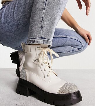 Public Desire Wide Fit Lark rhinestone combat boots in off white