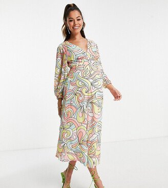 Twisted Wunder Maternity balloon sleeve midi dress in pastel swirl print