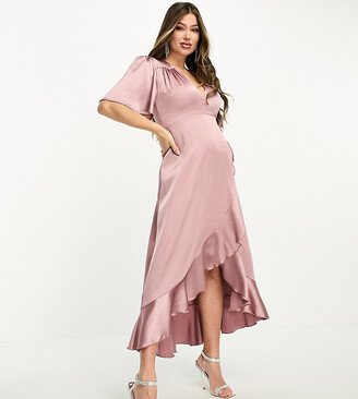 Flounce London Maternity wrap front satin midi dress with flutter sleeves in heather rose