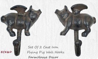 Set Of 2 Flying Pigs Wall Hooks Rustic Brown Cast Iron Right & Left Facing Coat Hooks Towel Farm House Decor