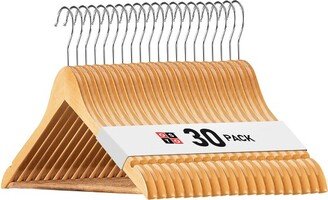 OSTO 30 Pack Natural Wooden Suit Hangers; Ultra-Durable Smooth Finish Wood Coat Hanger with Non Slip, Grooved Pant Bar & Swivel Hook