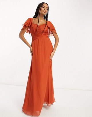 Bridesmaid short sleeve ruched maxi dress in rust