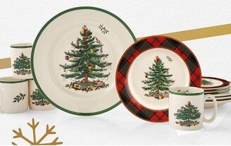 Christmas Tree Tartan Collection 16-Piece Dinnerware Set, 10 Dinner Plate, 7.25 Salad Plate, 16 oz Cereal Bowl, 9 oz Mug