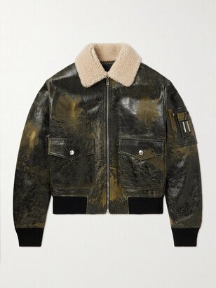 Distressed Shearling-Trimmed Cracked-Leather Jacket