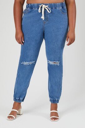 Women's Distressed Denim Joggers in Medium Denim, 1X