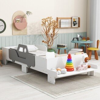 EYIW Car-Shaped Twin Bed with Footboard Bench, Cartoon Platform Bed Built-in Book Storage Space