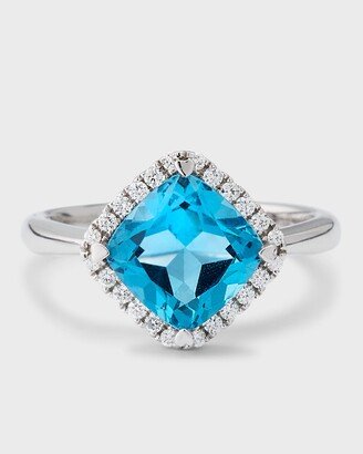 Lisa Nik 18K White Gold Cushion Swiss Blue Topaz and Diamond Ring, Size 6