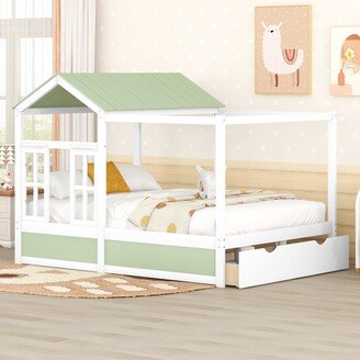 EDWINRAY Full House Bed for Kids Girls Boys, Solid Wood Platform Bed Frame w/ Storage Drawers, Roof & Window, No Box Spring Needed, Green