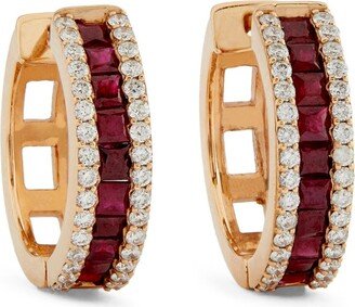 Bee Goddess Rose Gold, Diamond And Ruby Mondrian Hoop Earrings