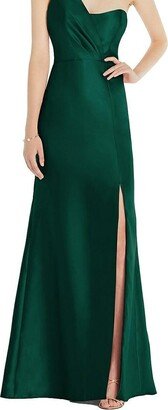 Draped One-Shoulder Satin Trumpet Gown With Front Slit
