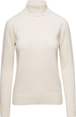 White Turtleneck Sweater With Ribbed Trim In Cashmere Man