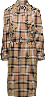 'Harehope' Beige Double-Breasted Trench Coat with Matching Belt and Check Print in Cotton Woman