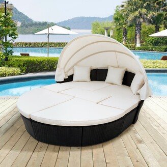 Bella Depot Outdoor Round Daybed Sunbed with Retractable Canopy Beige Blue