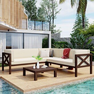 EYIW Outdoor Wood Patio Backyard 4 Piece Sectional Seating Group with Cushions and Table X-Back Sofa Set for Small Places