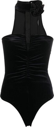 NISSA Rose-Appliqué Velvet Bodysuit-AA