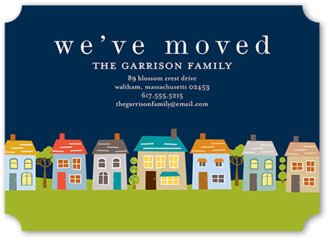 Moving Announcements: Whimsical Neighborhood Moving Announcement, Blue, Pearl Shimmer Cardstock, Ticket