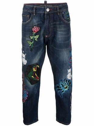 Super Straight Cut patch-detail crop jeans
