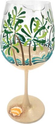 Tropical Scene Wine Glass - Hand Painted Beach Theme Palm Tree, Waves, Sparkly Sand, Seagulls Summer Cocktail