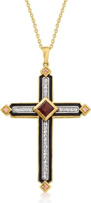 Multi-Gemstone Cross Pendant Necklace With Black Enamel in 18kt Gold Over Sterling