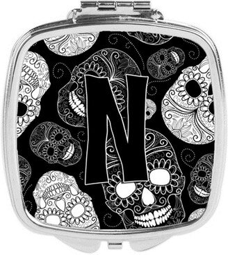 CJ2008-NSCM Letter N Day of the Dead Skulls Black Compact Mirror