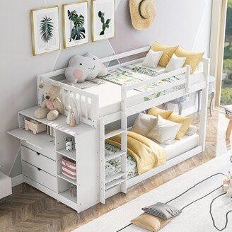 IGEMAN Twin Over Twin Low Bunk Bed with Attached Cabinet & Shelves Storage, Modern Style Solid Wood Bunk Bed with Removable Ladder