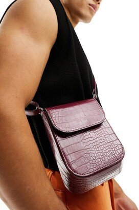 faux leather crossbody flight bag in dark red croc