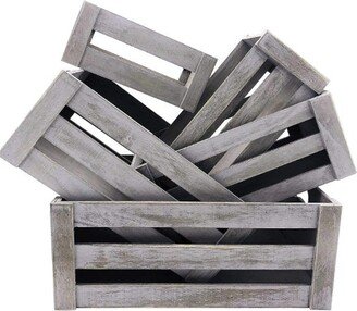 Set Of 5 Vintage Rustic White Grey Wood Decorative Nesting Storage Crates Open Handles - Multipurpose Crafted Boxes/Bathroom Kitchen