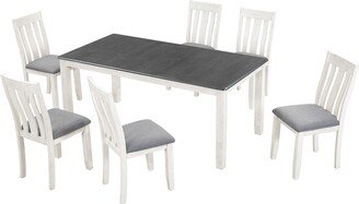 GREATPLANINC 70 Dining Table Set with Extendable Table and 6 Upholstered Chairs, Kitchen Table Set with Removable Leaf and Slat Back Chair