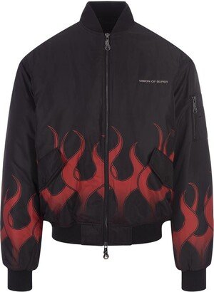 Padded Bomber Jacket With Red Flames