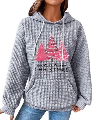 Generic PJZQXS Women Christmas Waffle Hoodie Pink Xmas Tree Graphic Sweatshirt With Pocket Christmas Letter Printed Poullover Tops(Grey-AA