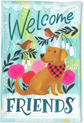 Floral Dog Tea Towel - Welcome Friends By Cynthiafrenette Handpainted Springtime Plaid Birds Linen Cotton Canvas Spoonflower