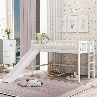 Calnod Contemporary White Twin Size Low Loft Bed with Ladder and Slide, Constructed of Pine Wood and High Quality Mdf for Bedroom