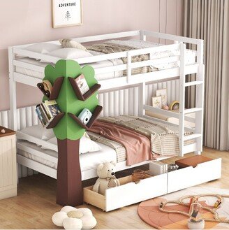 Twin-Over-Twin Bunk Bed with a Tree Decor and Two Storage Drawers, White