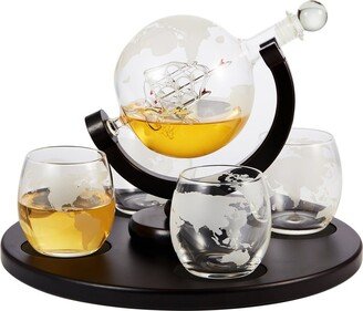 Berkware Globe Whiskey Decanter And 4 Cups Set With Wood Base