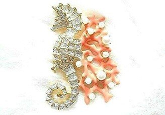 Crystal Seahorse Coral Branch Pin Brooch