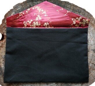 Rakusu Case Dharma Book Bag in Canvas With Burgandy Plum Blossoms Brocade