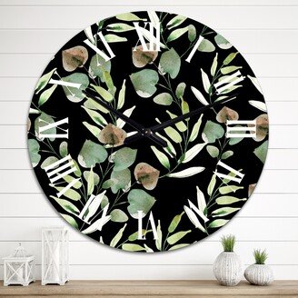 Designart 'Tropical Green Leaves On Black' Tropical wall clock