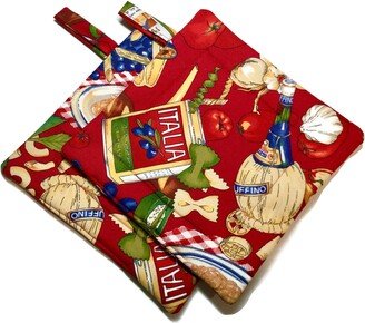 Quilted Pot Holders Pasta Dinner, Set Of 2, Alexander Henry, Red