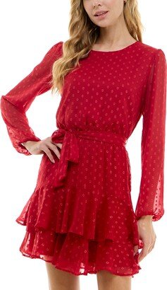 Juniors' Clip-Dot Ruffled Fit & Flare Dress