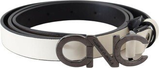 Women's Mettalic Gray Leather Logo Women's Belt